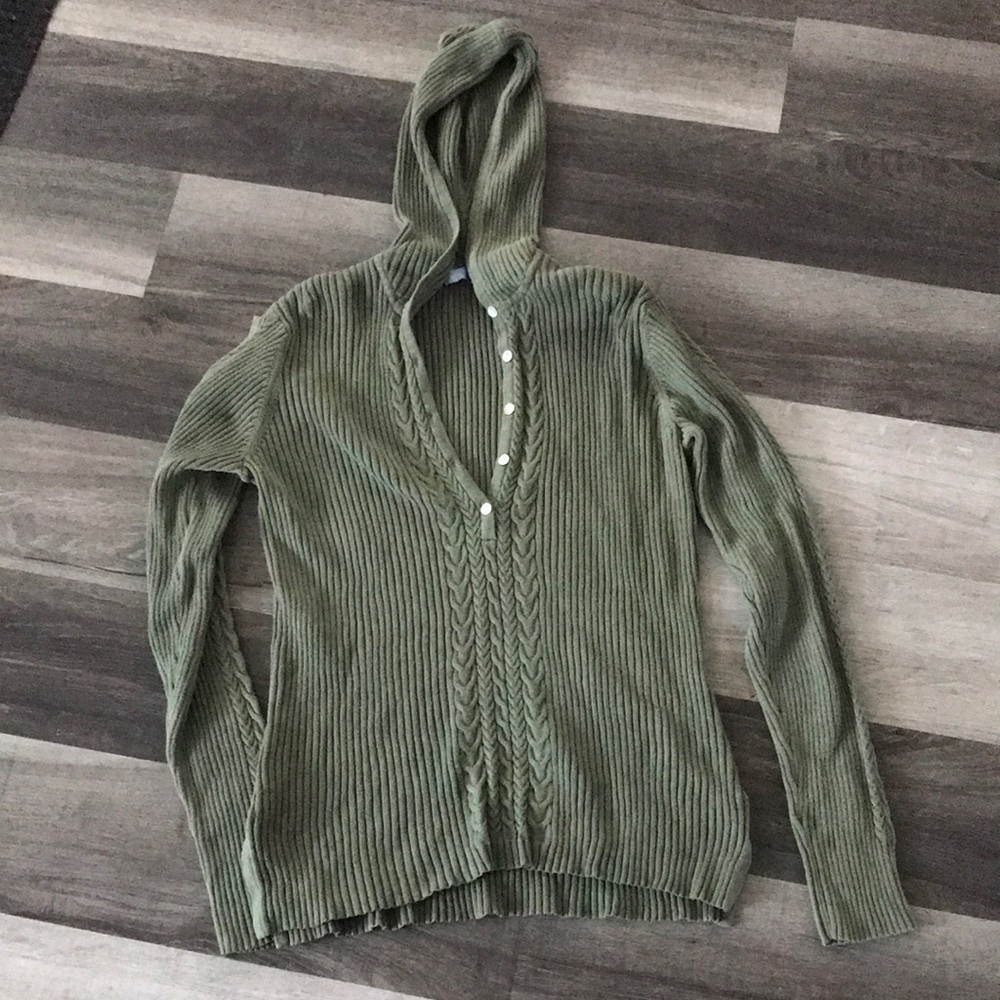 Olive Green Hooded Cable-Trim V-Neck Women’s Sweater